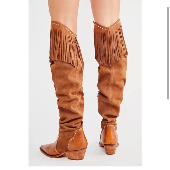 Free People Wayne Fringe Suede Over The Knee Leather Western Boots Brown 6 NIB - Picture 1 of 16
